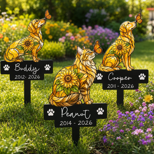 Custom Pet Portrait Memorial Stained Glass Sunflower - Personalized Garden Stake